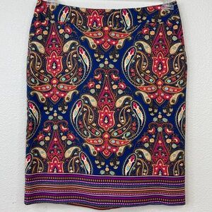 Merona Womens Oriental Paisly Blue Lined Stretch Pockets Pencil Skirt Sz. 8 2013